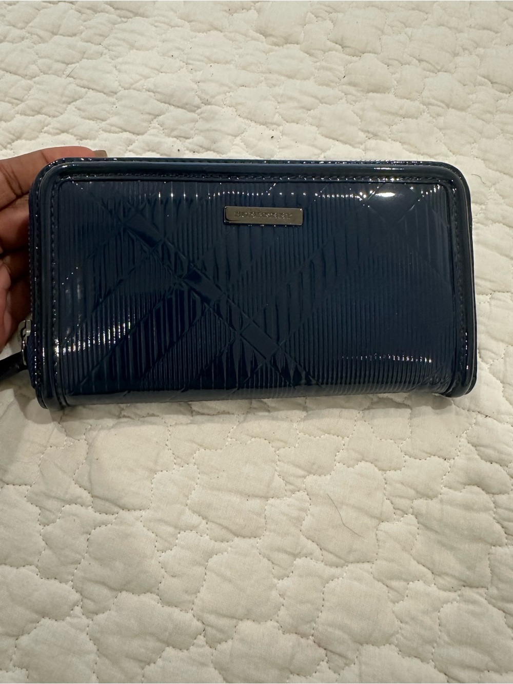 Burberry Navy Patent Quilted Zip-Around Wallet